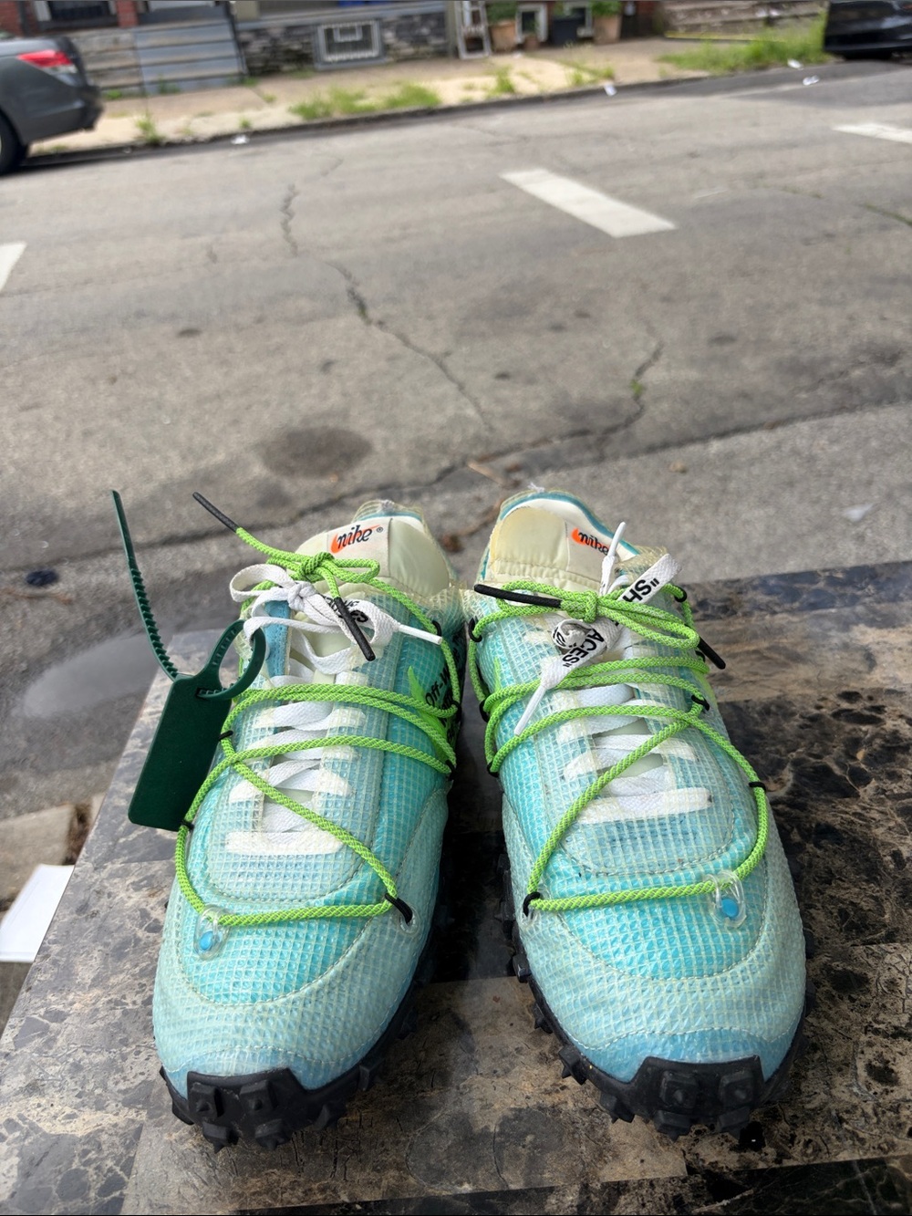 Nike  off white womens Teal Sneakers with Neon Green Laces